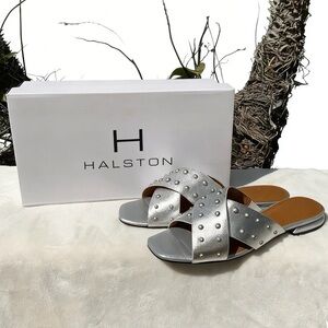 H By Halston Metallic Silver Studded Sandals Sz 6 M